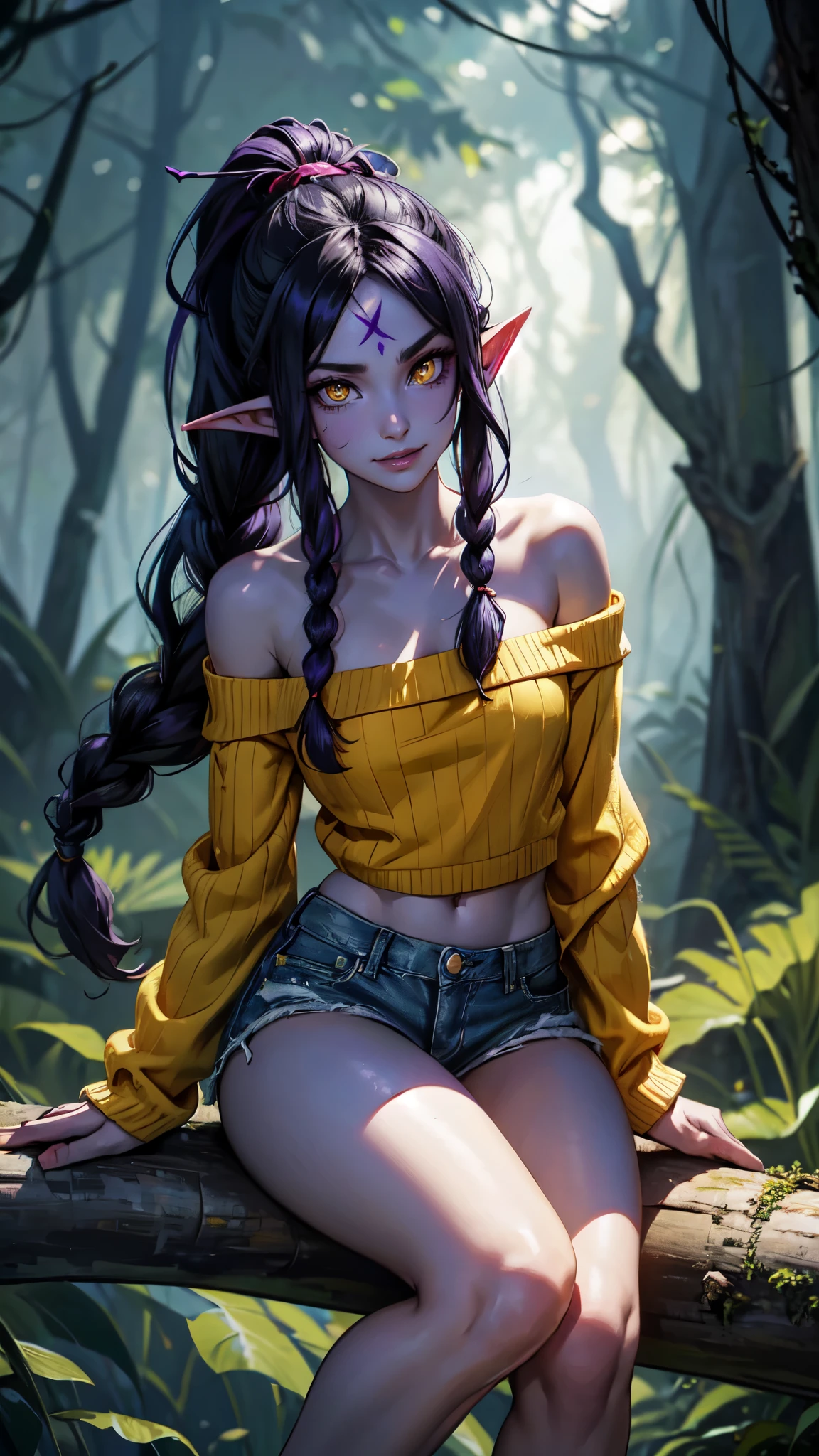 (best quality), 1girl, solo, Shyvana, dragon girl, facial mark, pointy ears, yellow eyes, colored sclera, slit pupils, colored skin, (purple skin:1.2), twin braids, low ponytail, long hair, black hair, toned, abs, looking at viewer, smile, outdoors, forest, gloomy lighting, yellow sweater, off shoulder, denim shorts, bare legs, sitting on log, leaning back,detalid dace,detailed hands,elf woman,full body,