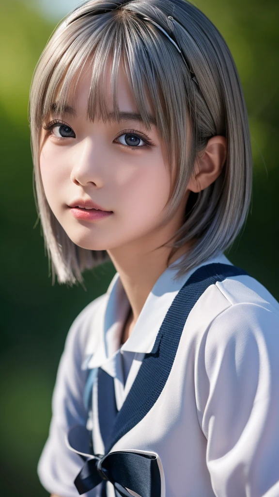 ((masterpiece, Highest quality, High resolution)), 1 Japanese girl, (Realistic: 1.4), excited、Great face,Glossy lips、15 years old, Silver Hair、Silver Hair、short hair, Silver Hair、(Beautiful Hair:1.5), Sailor suit, school uniform、On the bed、eat sausage、Staring、Angle from the front, Smooth, Highly detailed CG composite 8K wallpaper, High resolutionのRAWカラー写真, Professional photography, Light, BackLight, dream-like, impressive, Written boundary depth, (Face close-up:1.5)
