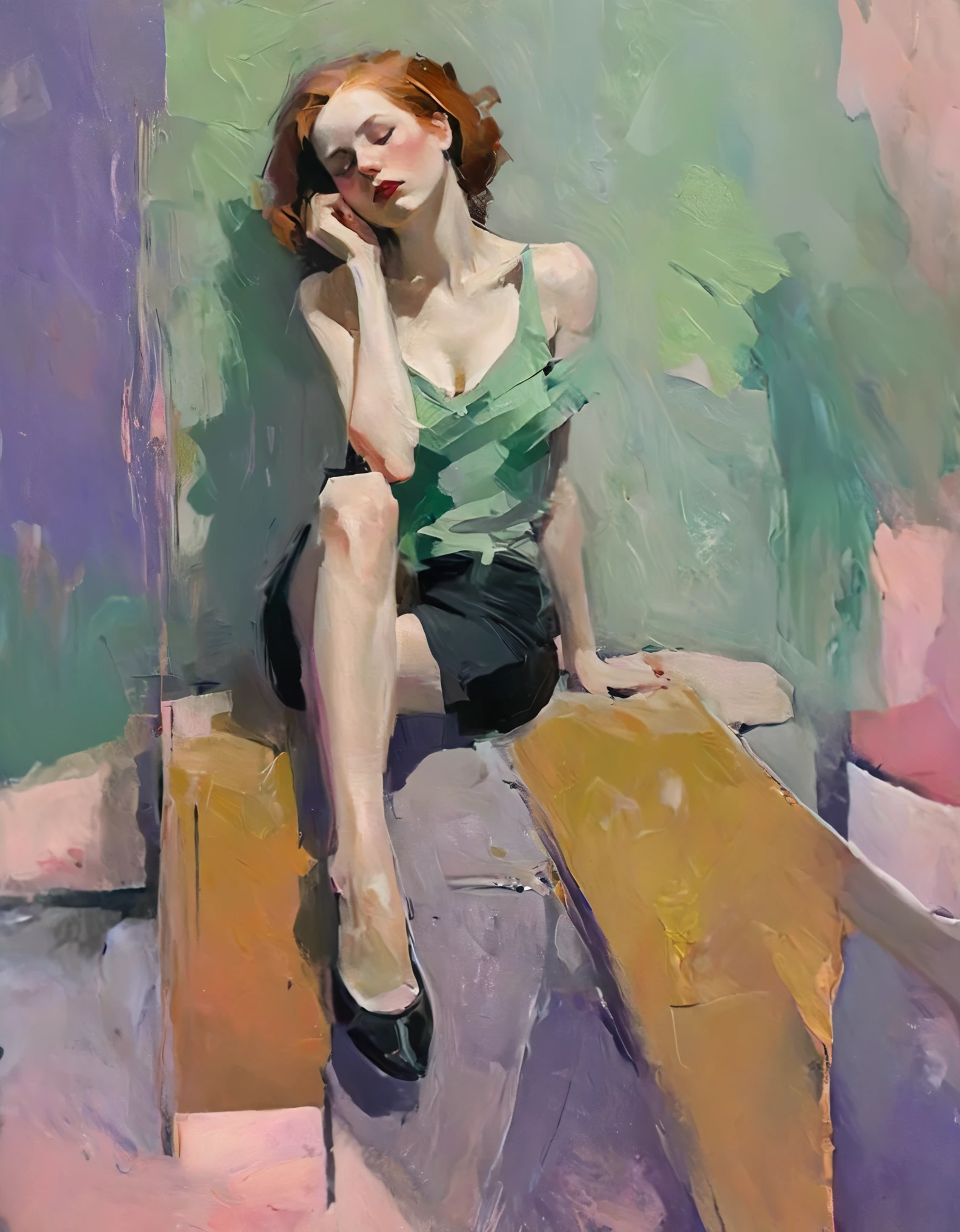 Create a portrait of a young woman in a semi-reclining pose with a pensive expression. Use a painterly style inspired by Malcolm Liepke, characterized by expressive brushstrokes and rich texture. Employ a color palette of muted greens, soft pinks, deep purples, and subtle flesh tones to evoke a sense of depth and emotion. The background should consist of abstract, textured layers in complementary colors, blending seamlessly with the figure. Pay attention to the contrast between the smooth, detailed rendering of the face and the rough, textured application of paint in the surrounding areas. Capture the delicate balance of vulnerability and strength in the subject's gaze and posture