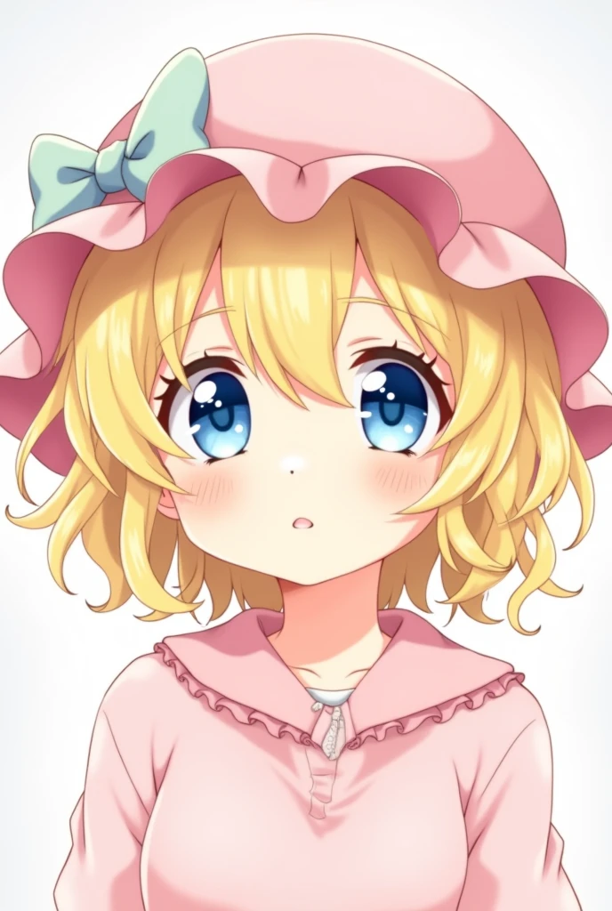 Create an image of a girl in anime style short blonde hair pink hat with bow around and blue eyes 