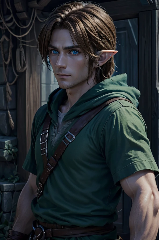 Very detailed, Ultra-realistic digital portrait of Link from The Legend of Zelda, Very detailed顔の特徴, Piercing blue eyes, Sharp jawline, disheveled brown hair, Confident expression, Green-themed elf clothing