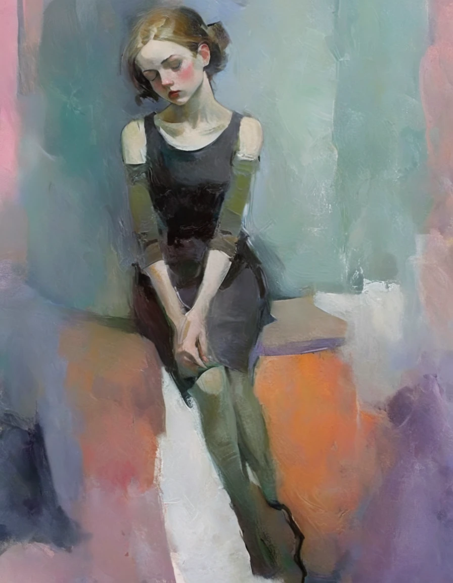 Create a portrait of a young woman in a semi-reclining pose with a pensive expression. Use a painterly style inspired by Malcolm Liepke, characterized by expressive brushstrokes and rich texture. Employ a color palette of muted greens, soft pinks, deep purples, and subtle flesh tones to evoke a sense of depth and emotion. The background should consist of abstract, textured layers in complementary colors, blending seamlessly with the figure. Pay attention to the contrast between the smooth, detailed rendering of the face and the rough, textured application of paint in the surrounding areas. Capture the delicate balance of vulnerability and strength in the subject's gaze and posture