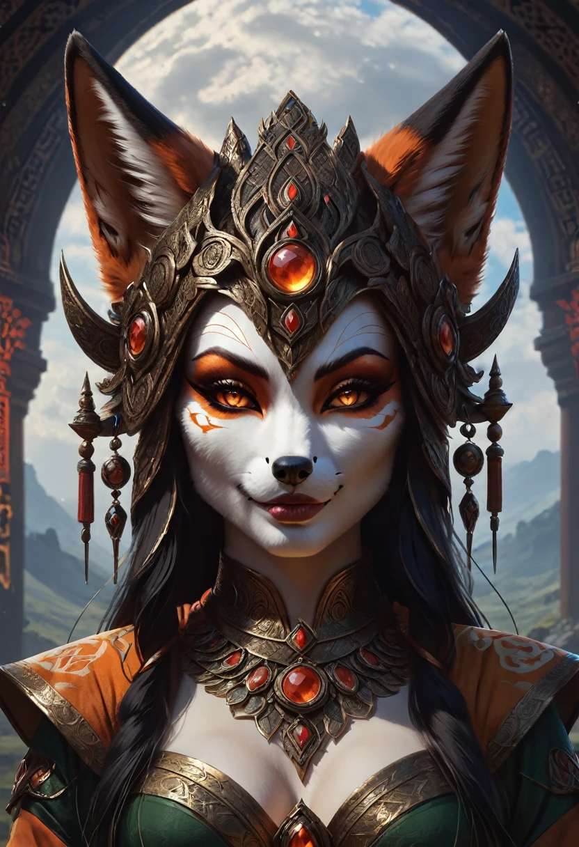 Anthropomorphic feminine kitsune enchantress. Official Art – An Award-Winning Digital Masterpiece In 4K Ultra HD, Extreme Detail And Intricate Realism. Symmetrical Face. This Concept Art Brought To Life By The Hands Of Artists Like Wlop & Artgerm In A Stunning 2D Vector Illustration. Background Is A Panoramic Vista.
