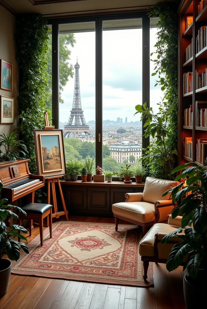 "A luxurious penthouse view from the Tour Cristal tower in Paris. The scene captures the breathtaking cityscape, with iconic Parisian landmarks visible in the distance. The penthouse interior has a foresty vibe, featuring rich wooden floors, lots of greenery, and large windows that flood the space with natural light. The room is wide and adorned with numerous bookshelves filled with books, art supplies, and musical instruments. The walls display a collection of paintings, and there’s a cozy corner with a grand piano, easels, and a writing desk. The vibe is creative, warm, and artistic, reflecting the owner’s passion for music, painting, and writing."