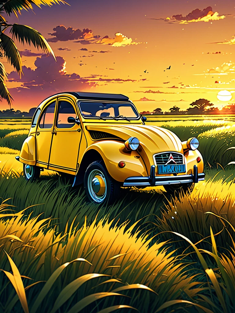 anime landscape of a classic yellow and golden brown curacao Citroën 2CV stands in a field of tall grass with a sunset in the background.beautiful anime scene, beautiful anime peace scene, makoto shinkai cyril rolando, beautiful anime scene, amazing wallpaper, anime art wallpaper 8k, animated background, artistic animated background, 4k anime wallpaper, 4k anime art wallpaper, Anime Wallpaper Art 4K,
