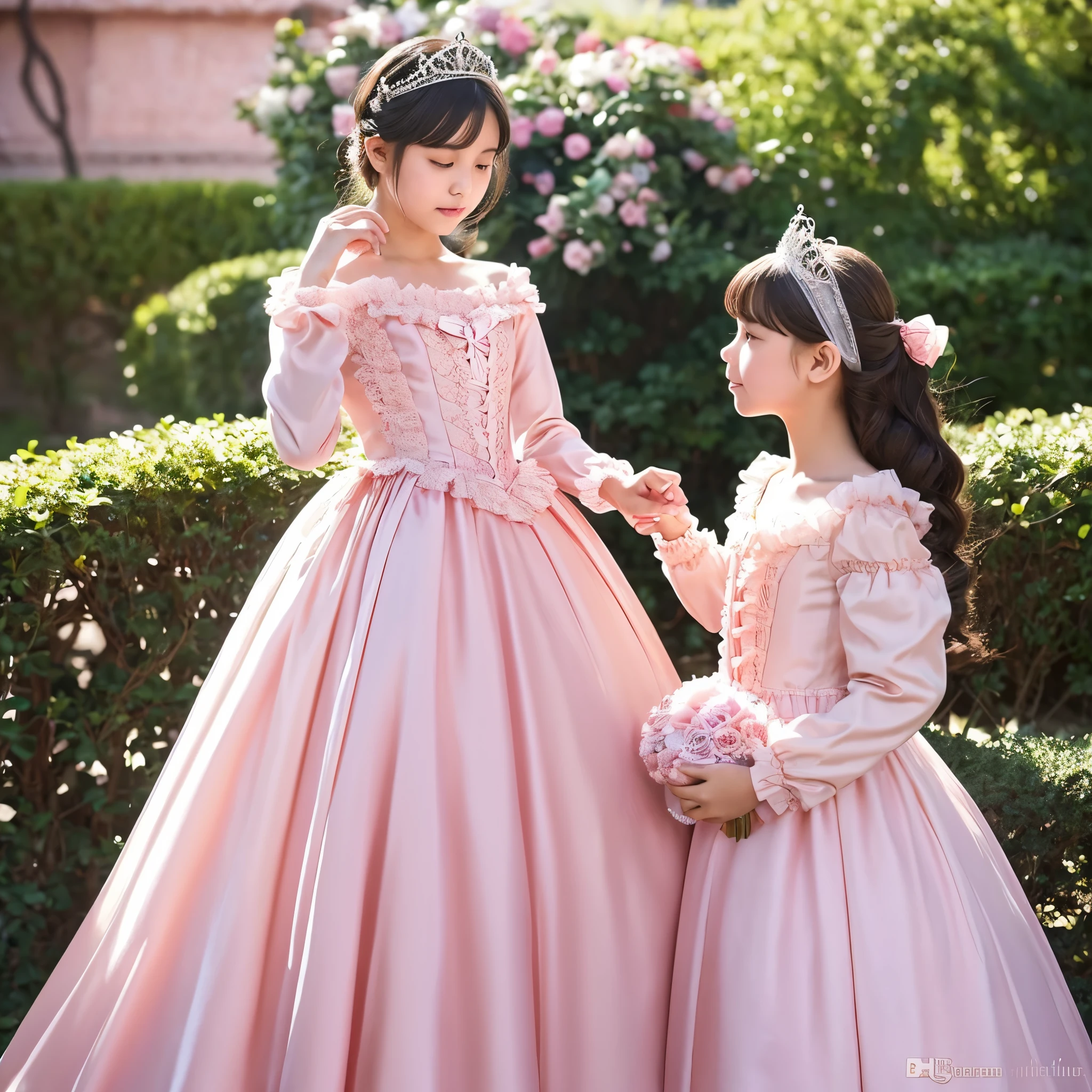 highest quality, masterpiece, highest resolution, artwork, super それにget used to it, many get used to it, get used to it, それにget used to it, woman, 10 years old,the two girls are princesses,((pink victorian voluminous ball gown dress)),long sleeve,long dress,A dress with lots of frills and ribbons...Wearing a tiara on her head,luxury,two people kiss,
