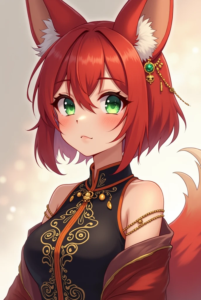 Anthropomorphic girl fox with short red fur with green eyes and jewelry and Chinese anime style clothing
