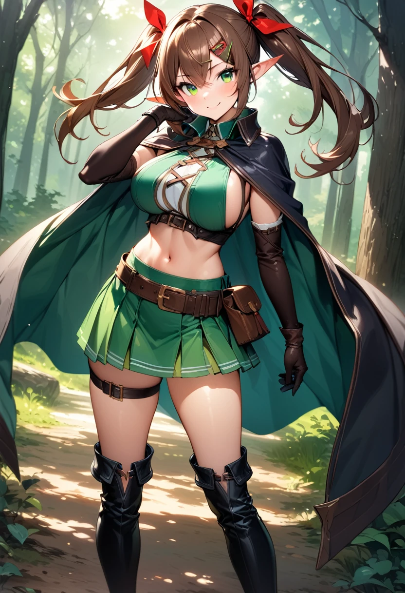 (masterpiece),(best quality),(ultra-detailed),(best illustration),(best shadow),(absurdres),(detailed background),(very aesthetic), 1girl, solo, pointy-ears, ((brown-hair)), green-eyes, gloves, boots, twintails, skirt, elbow-gloves, hair-ornament, navel, looking-at-viewer, cape, smile, elf, ribbon, hair-ribbon, knee-boots, belt, hairclip, ((green-skirt)), black-gloves, forest, midriff, thigh-strap, hair-between-eyes, standing, black-footwear, pouch, long-hair, nature, red-ribbon, ((big boobs) 1:1)
