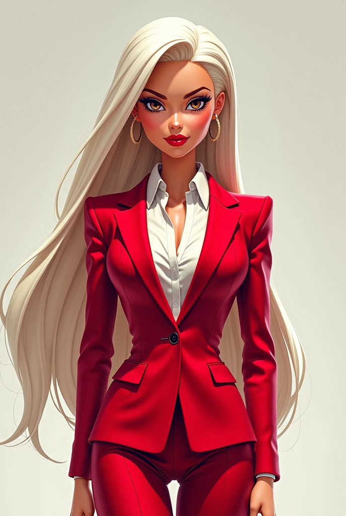 Barbie cartoon brown eyes ,White hair, formal suit, red pants, red jacket, intimidating look