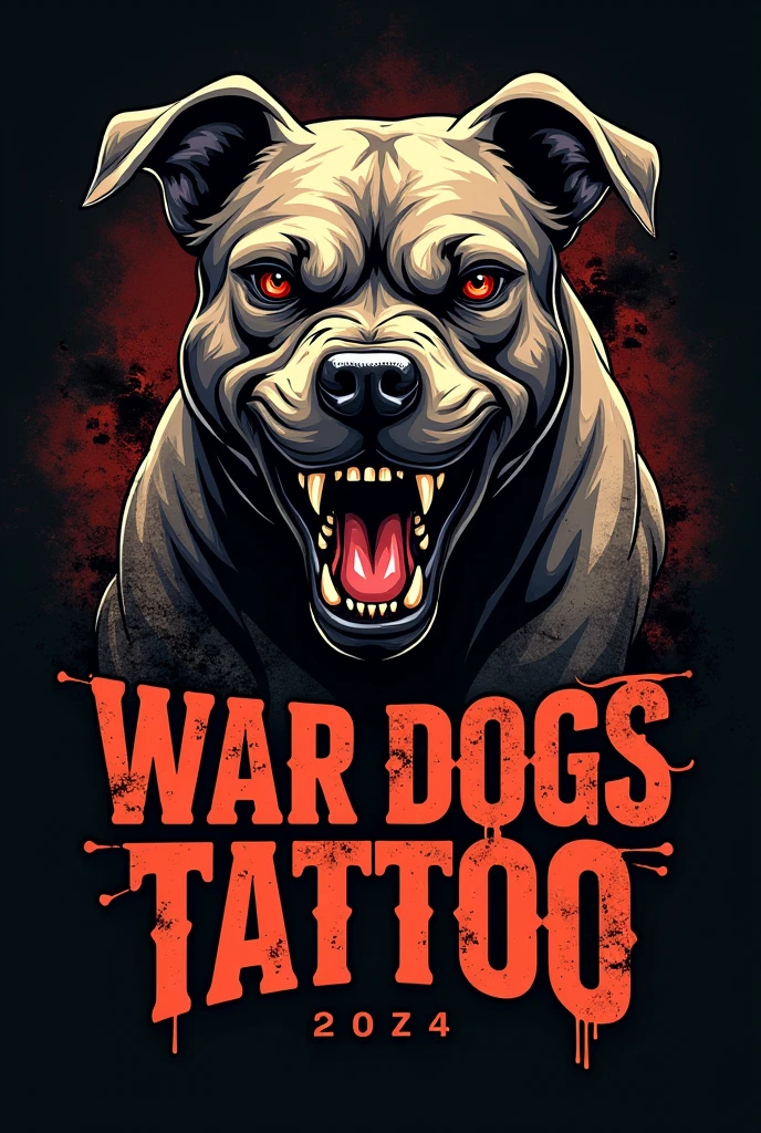 Crea un logo con un pitbull terrorifico que diga war dogs Tatto
