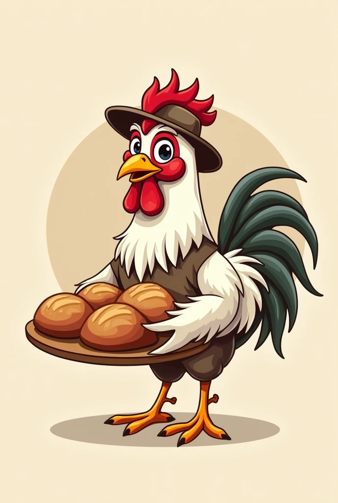 A baker&#39;s rooster, that has a hat, his tray of breads in a promoting his product, It&#39;s a logo for a bakery 

