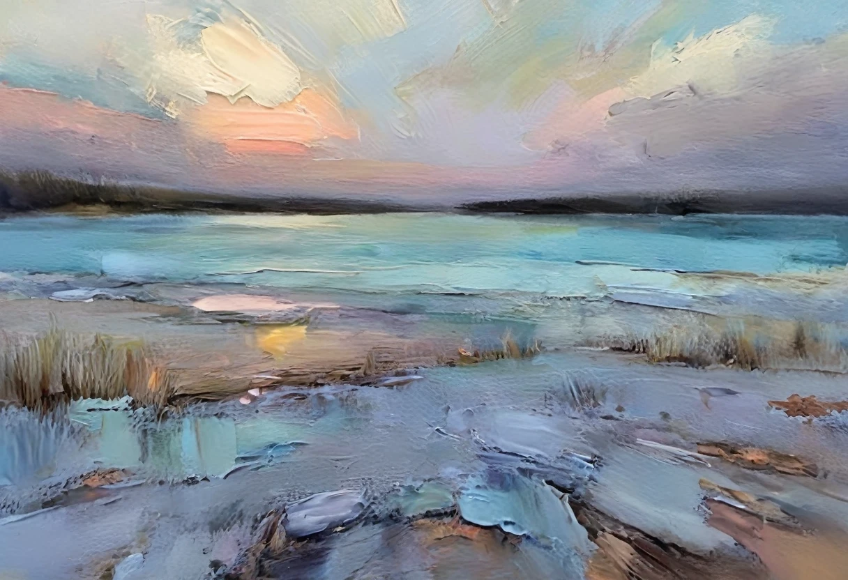 Create a plain canvas, evocative background using the expressive and textured brushstrokes abstract Use a muted color palette with subtle variations in tone to create depth and visual interest. Focus on the tactile quality of the oil paint, incorporating gentle gradients and soft transitions between colors. Allow the brushstrokes to remain visible, adding a sense of raw emotion and intimacy to the background. seaside