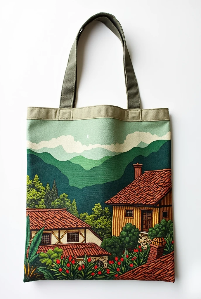 Reusable bag with a design related to the Oxapampa Biosphere Reserve and the typical houses of Pozuzo - Peru