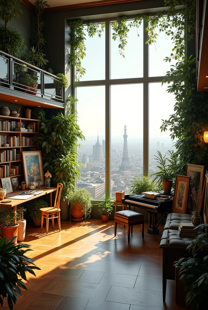 "A luxurious penthouse view from the Tour Cristal tower in Paris. The scene captures the breathtaking cityscape, with iconic Parisian landmarks visible in the distance. The penthouse interior has a foresty vibe, featuring rich wooden floors, lots of greenery, and large windows that flood the space with natural light. The room is wide and adorned with numerous bookshelves filled with books, art supplies, and musical instruments. The walls display a collection of paintings, and there’s a cozy corner with a grand piano, easels, and a writing desk. The vibe is creative, warm, and artistic, reflecting the owner’s passion for music, painting, and writing."