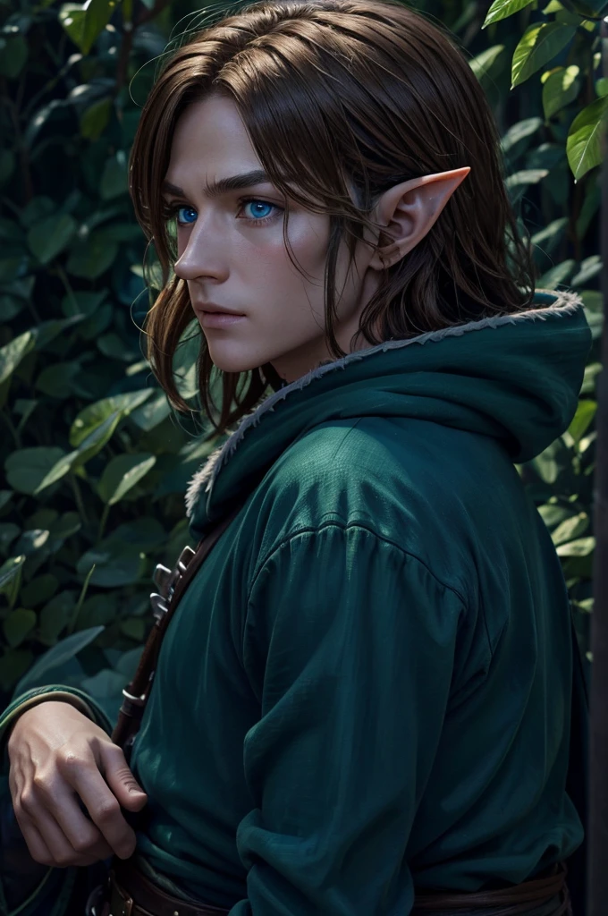 Very detailed, live-action、Ultra-realistic digital portrait of Link from The Legend of Zelda, Very detailed顔の特徴, Piercing blue eyes, Sharp jawline, disheveled brown hair, Confident expression, Green-themed elf clothing