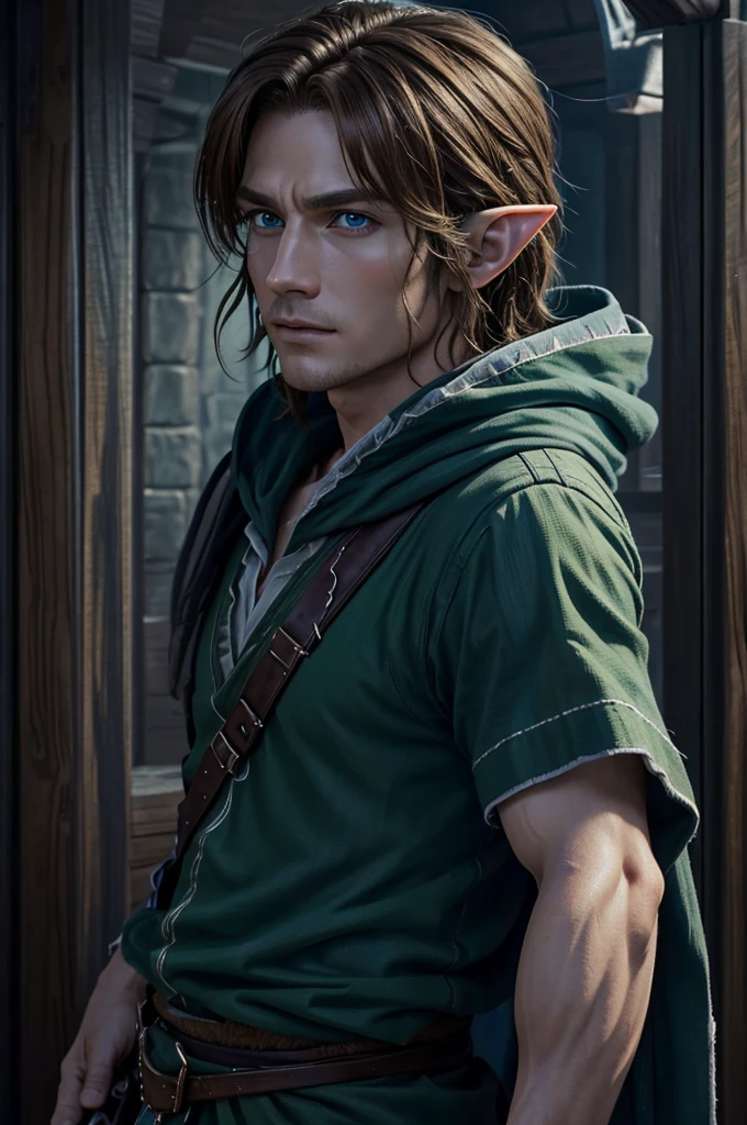 Very detailed, live-action、Ultra-realistic digital portrait of Link from The Legend of Zelda, Very detailed顔の特徴, Piercing blue eyes, Sharp jawline, disheveled brown hair, Confident expression, Green-themed elf clothing