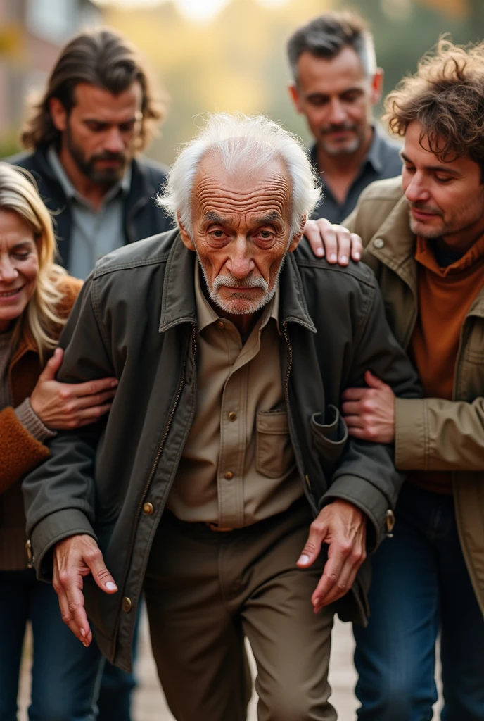 OLD MAN BEING HELPED TO WALK BY ADULTS