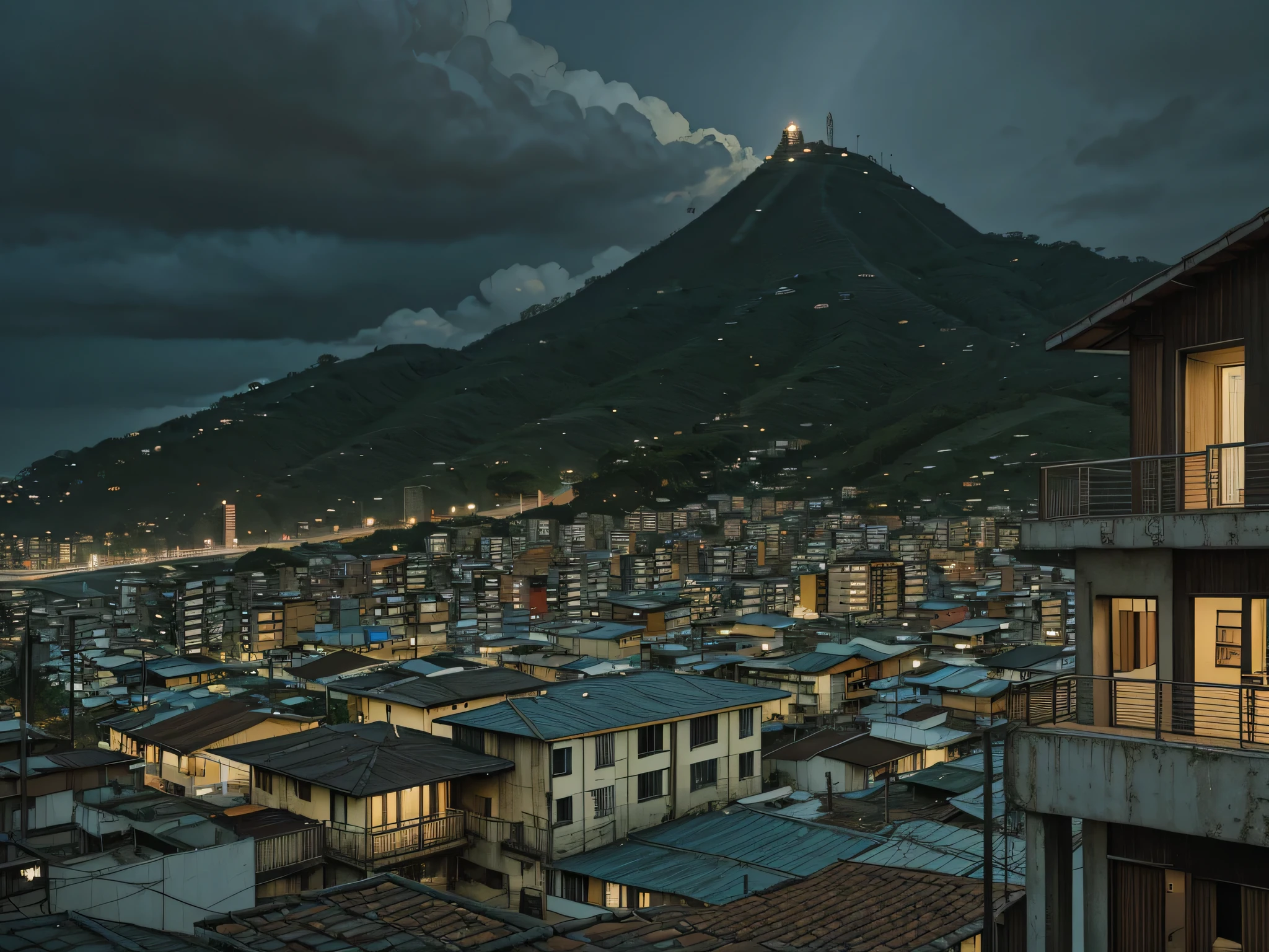 Brazilian favela, morning, houses, small buildings, staircase, slopes, hills, view of the big city in the distance, with large skyscrapers, cinematic lighting, wide shot, atmospheric perspective, perspective, UHD, masterpiece, accurate, anatomically correct, textured skin, super detail, high details, high quality, award winning, best quality, highres,