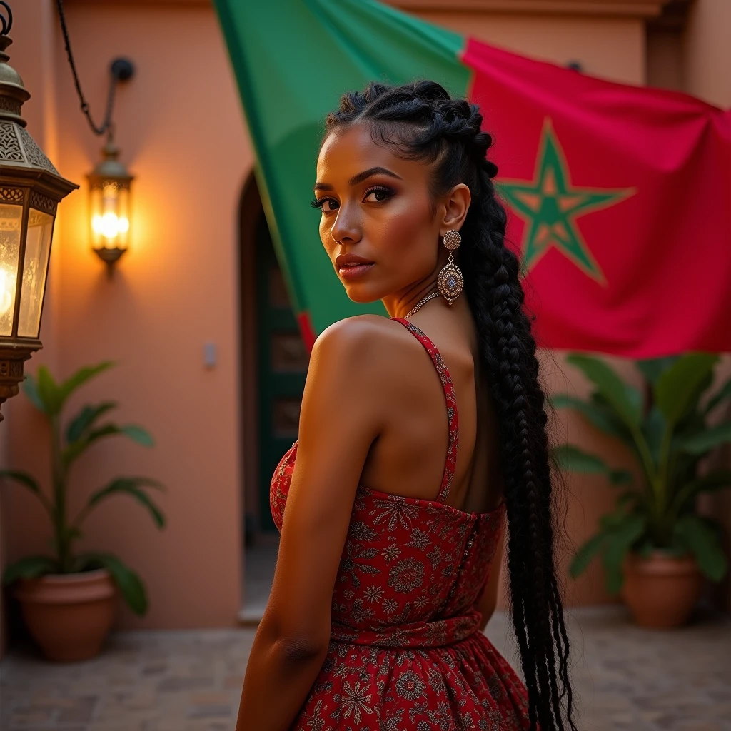 Marrakech photo of alluring beautiful woman, curvy, sparkling, bright eyes, long braids, Moroccan flag waving, Amazigh traditional dress, Berber culture, Morocco lamps, (masterpiece) (best quality) (detailed) (8k) (HDR) (wallpaper) (cinematic lighting) (sharp focus) (intricate)