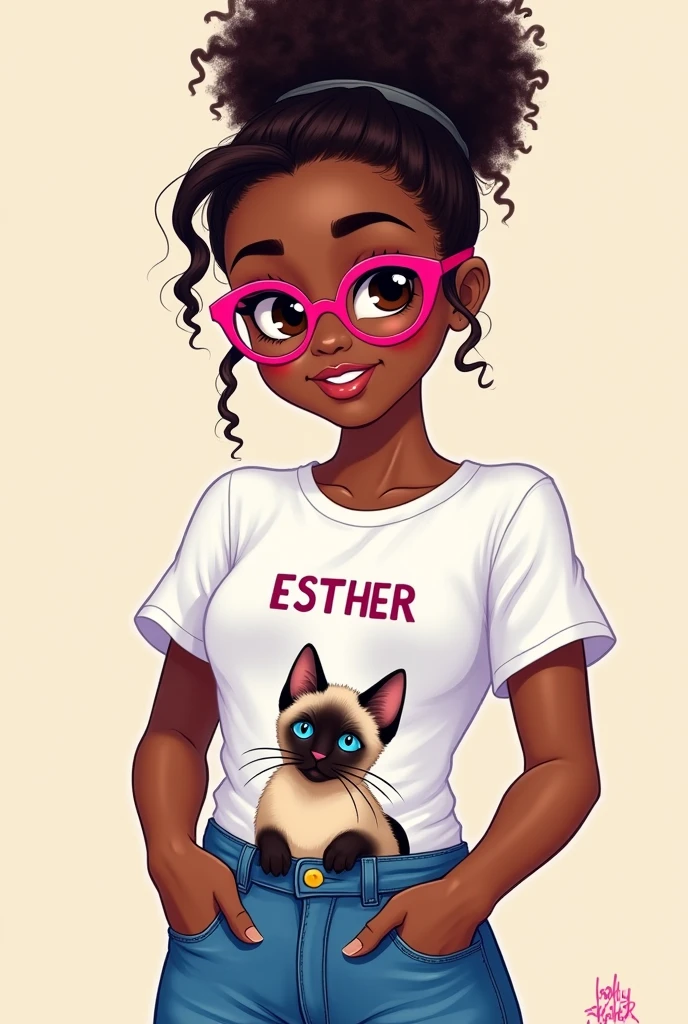A black age girl with curly, kinky hair tied in a dark brown bun and dark brown eyes a little darker than her hair with hot pink glasses. Full body image wearing a little uncle with ESTHER written on it and also drawn on the short shirt a white Siamese kitten with blue eyes with some black lines on the face and a pair of jeans FULL BODY
