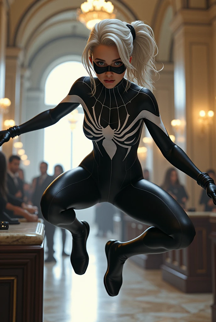 Une famme qui fait un braquage en tenue de spider-gew dans une banque