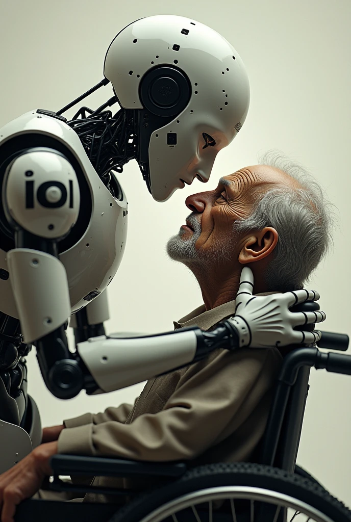 Robot man, written IOI on the arm with the appearance of a man, and an elderly man in a wheelchair, one embracing the other