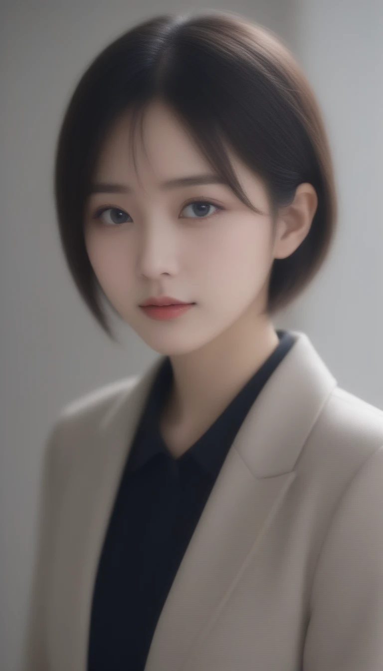 8k, Ultra-high resolution, Highest quality, masterpiece, 三分割法によるphotograph,Surreal, photograph, 1 girl, (:1.3), pretty girl, Cute Face, Beautiful eyes in every detail, 細かくdetailedに,masterpiece,One Girl:1.2, Japan Female Announcer,whole body,sad,Tears flow,Black short hair,Messy hair bun,(Black suit:1.3),Nun's clothing,Black Pencil Skirt,(印象派の美しい少女のPortraiture), (Gray background:1.3),(Impressionist light and colour),Dedication to God,Sit in a tall chair,Beautiful leg line beauty,Stiletto pumps,Realistic Skin, Perfect and beautiful face ,完璧でCute Face, Skin with attention to detail, Perfect limbs、Tight waist,Looking at the audience、beauty,Long neck,clavicle,(((Ideal body type))),A-cup small breasts :2,Portraiture:2,Perfect Anatomy,鮮明なdetailed,detailed,Surreal,Light and shadow,Spotlight