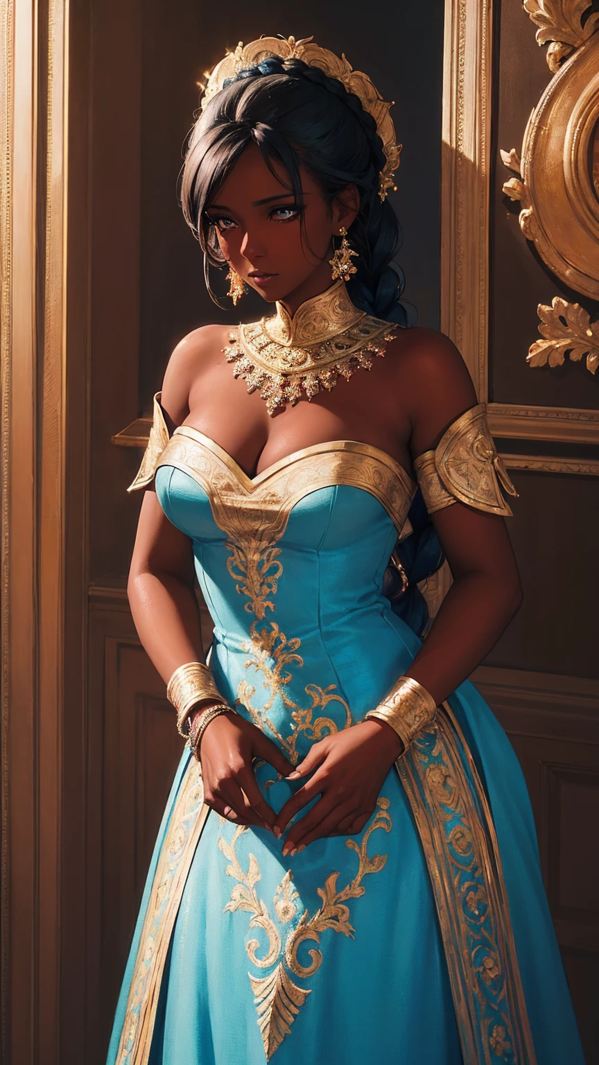 Woman with dark skin and perfect, detailed eyes, Seriously, chic, transparent shiny blue dress, aristocratic, beautiful gold elements, perfect short nails, bared shoulders, coiffure, hair up, Braid, messy, haughty, absurdly detailed dress, celebration, hall decorated with flowers, brightly colored tapestry walls, cowboy shot, portraite, (best qualityer), (work of art), (highy detailed), (4K)