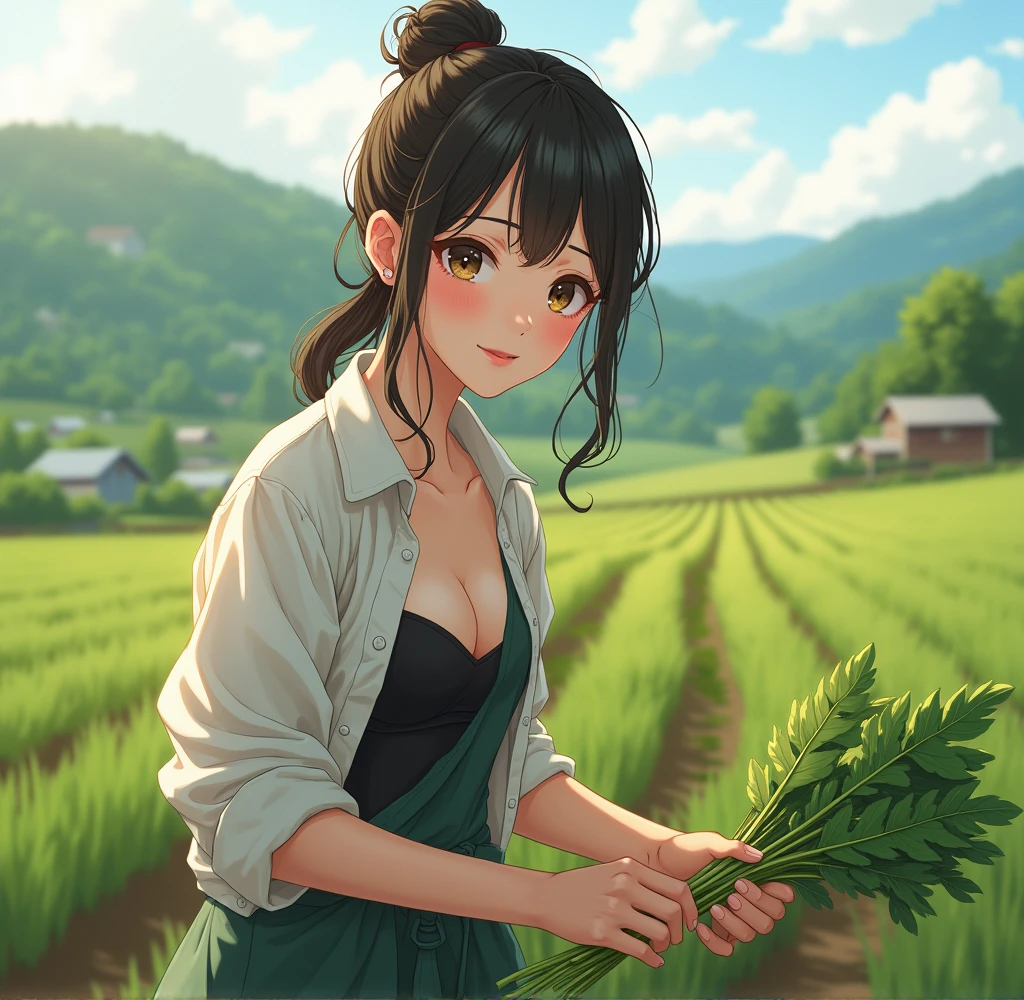 This is the mountain area of Ibaraki Prefecture.。A beautiful girl working in the fields in simple white work clothes。Sweat on my sunlit forehead。Staring at the photographer with lovely eyes。I have a freshly picked radish in my hand.。The heat caused the front of my work clothes to open.、Her black underwear was visible。(photography)(professional lighting)retina, anatomically correct, ccurate, textured skin, super detail, high quality, high details, award winning, best quality, highres, 1080P, HD, 4K, 8k
