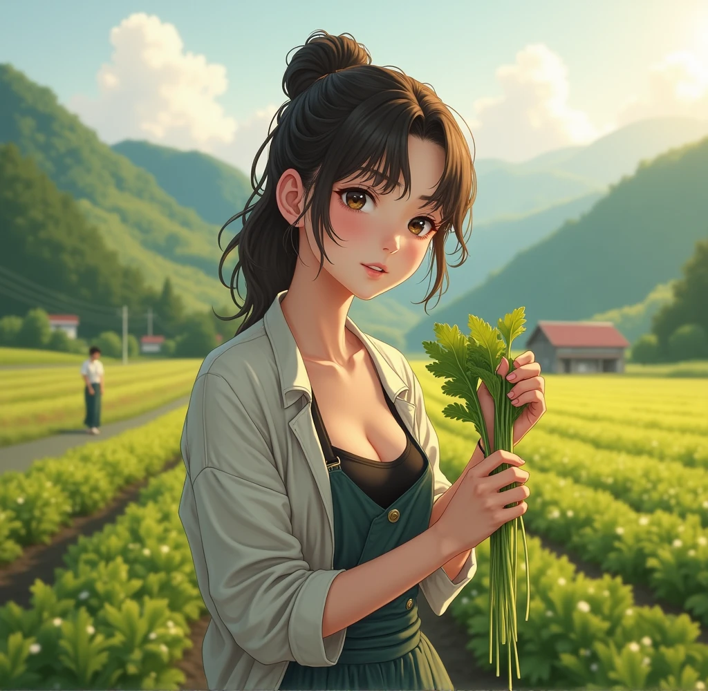 This is the mountain area of Ibaraki Prefecture.。A beautiful girl working in the fields in simple white work clothes。Sweat on my sunlit forehead。Staring at the photographer with lovely eyes。I have a freshly picked radish in my hand.。The heat caused the front of my work clothes to open.、Her black underwear was visible。(photography)(professional lighting)retina, anatomically correct, ccurate, textured skin, super detail, high quality, high details, award winning, best quality, highres, 1080P, HD, 4K, 8k