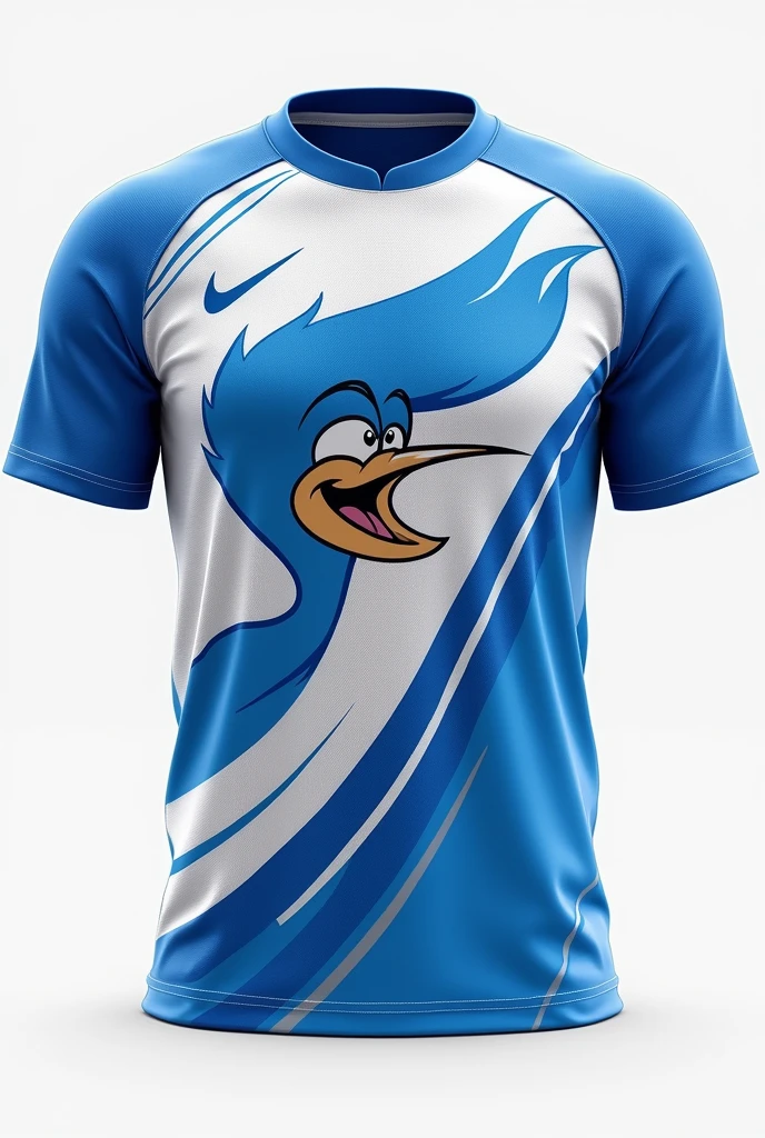 Blue and white cheeeleards uniform with roadrunner theme