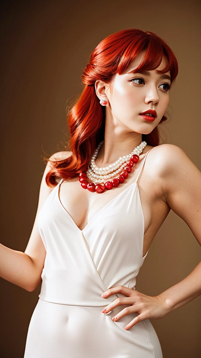 ((masterpiece, Best Quality)),(complex lighting) ,Whole body, Alone, Wilma Flintstone, Red hair, Horse tail, White dress, Pearl Necklace, lipstick,