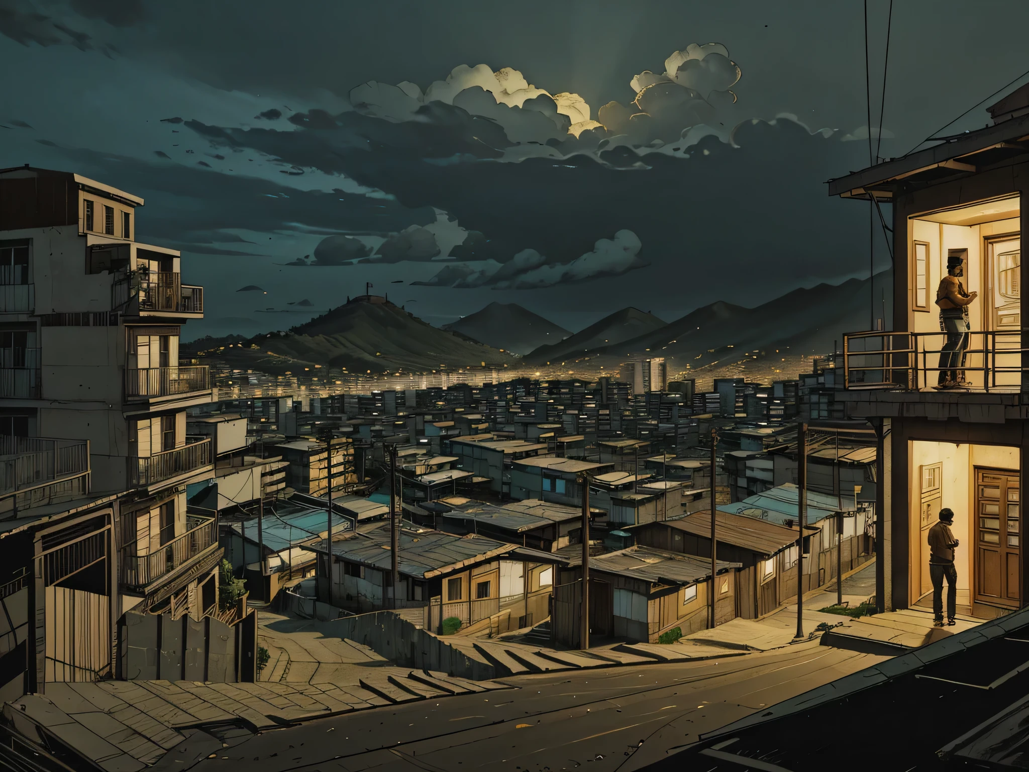 Brazilian favela, morning, houses, small buildings, staircase, slopes, hills, view of the big city in the distance, with large skyscrapers, cinematic lighting, wide shot, atmospheric perspective, perspective, UHD, masterpiece, accurate, anatomically correct, textured skin, super detail, high details, high quality, award winning, best quality, highres,