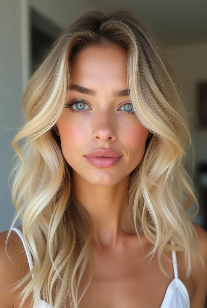 a one woman, blonde wavy hair logos, big blue eyes, small and thin nose, pink heart shaped mouth, blonde eyebrow, tanned white skin