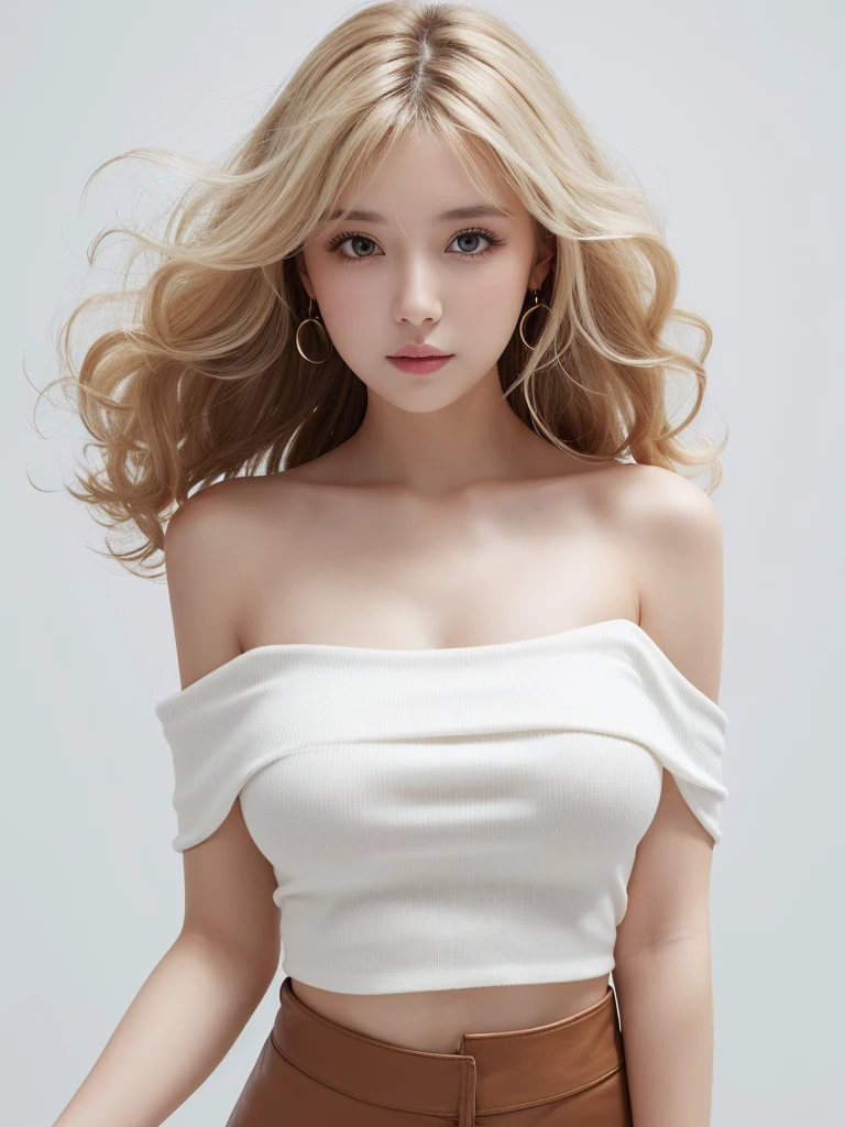 (((amount、white blonde Hair、Northern Europe、white、beautiful girl、blonde、white Background、Tank top、Off-the-shoulder blouse、mini skirt、Long Hair、Perm)))、Tabletop, Highest quality, shape, Very detailed, finely, High resolution, 8k wallpaper, Perfect dynamic composition, finelyて美しい目, Deco Out,blonde, Medium Hair, Super big breasts, Natural color lip,white Background, Random cute poses,Brown Hair