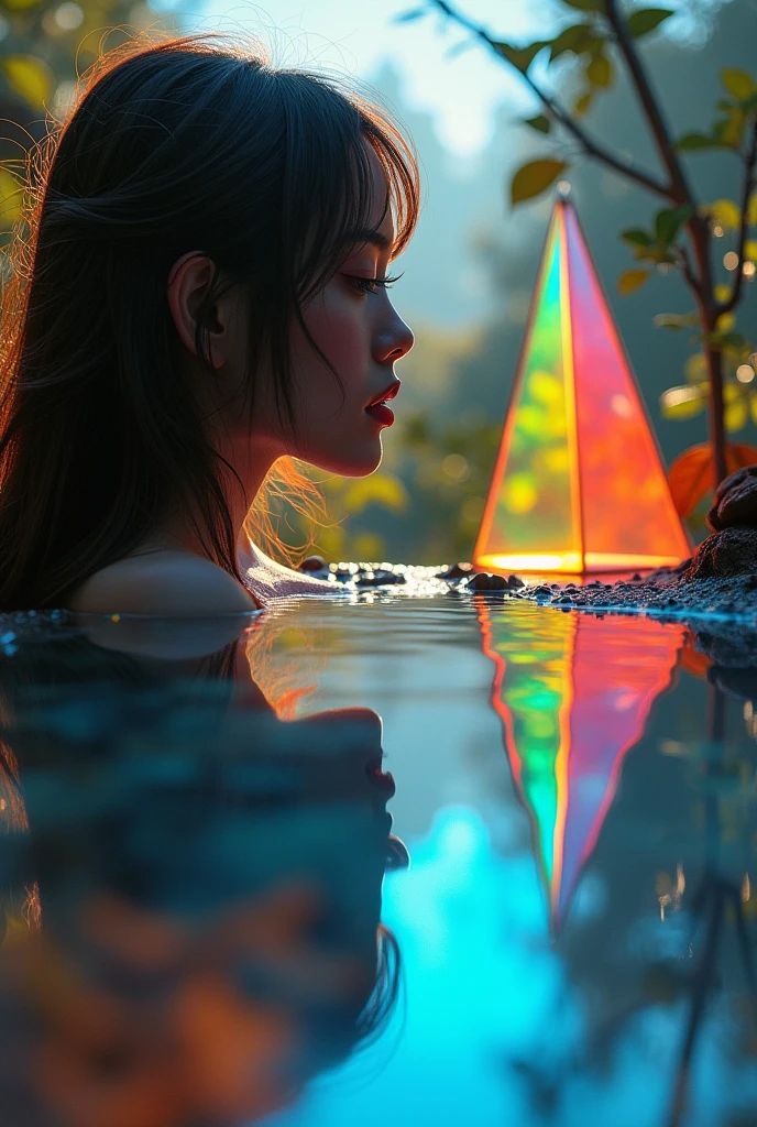 create an image with the theme "mirror effect" containing colors and nature and a mirror reflecting a person&#39;s profile. Add mirrored colors to colored prism
