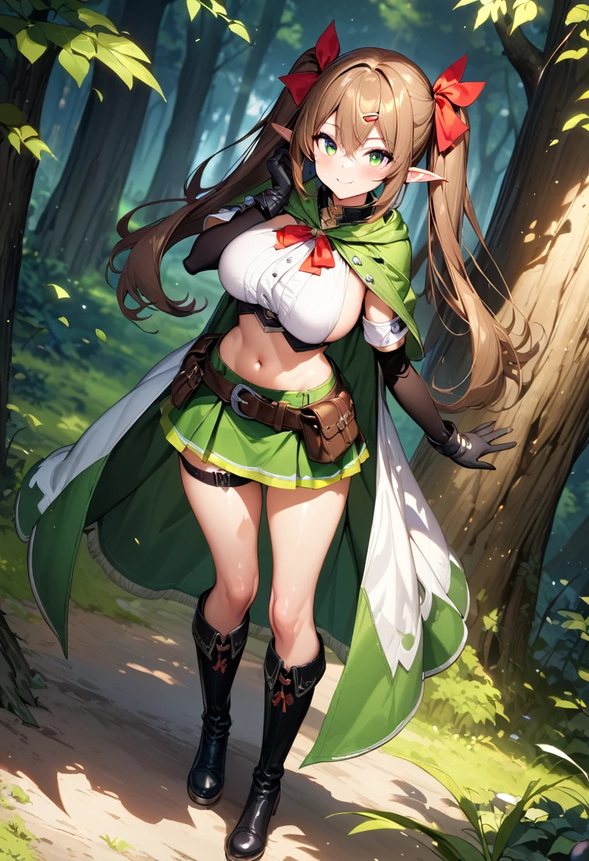 (masterpiece),(best quality),(ultra-detailed),(best illustration),(best shadow),(absurdres),(detailed background),(very aesthetic), 1girl, solo, pointy-ears, ((brown-hair)), green-eyes, gloves, boots, twintails, skirt, elbow-gloves, hair-ornament, navel, looking-at-viewer, cape, smile, elf, ribbon, hair-ribbon, knee-boots, belt, hairclip, ((green-skirt)), black-gloves, forest, midriff, thigh-strap, hair-between-eyes, standing, black-footwear, pouch, long-hair, nature, red-ribbon, ((big boobs) 1:1)
