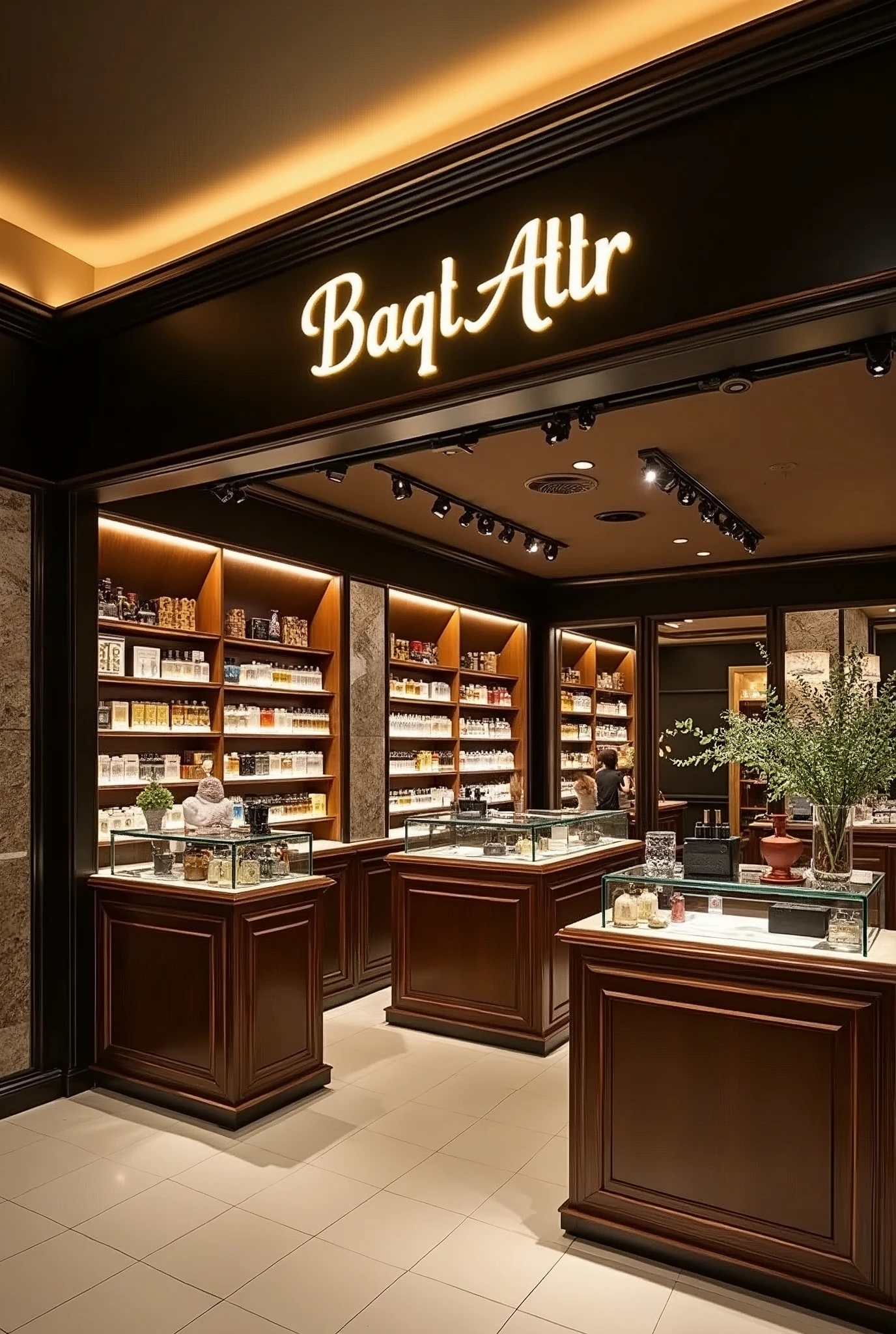 A picture of a perfume store called Baqt Attr, which will be used in advertisements. I want creativity in the design. Baqt Attr