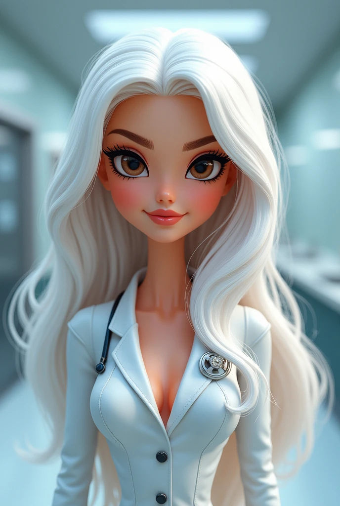 Barbie cartoon brown eyes ,white hair medical suit lucifer