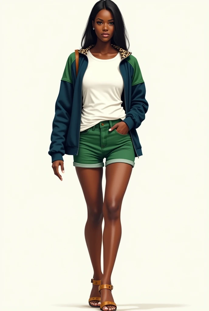 I would like a fashion sketch of a woman with black skin. A white baby tee with matcha green details on the shoulders and sleeves, forming a gradient with the white part. A pair of green denim shorts, dark blue jacket with leopard print on the collar. sandals on the feet