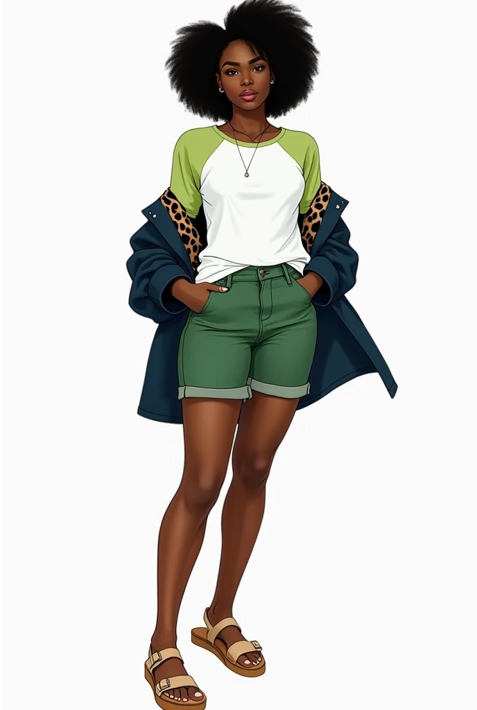 I would like a fashion sketch of a woman with black skin. A white  tee with matcha green details on the shoulders and sleeves, forming a gradient with the white part. A pair of green denim shorts, dark blue jacket with leopard print on the collar. sandals on the feet