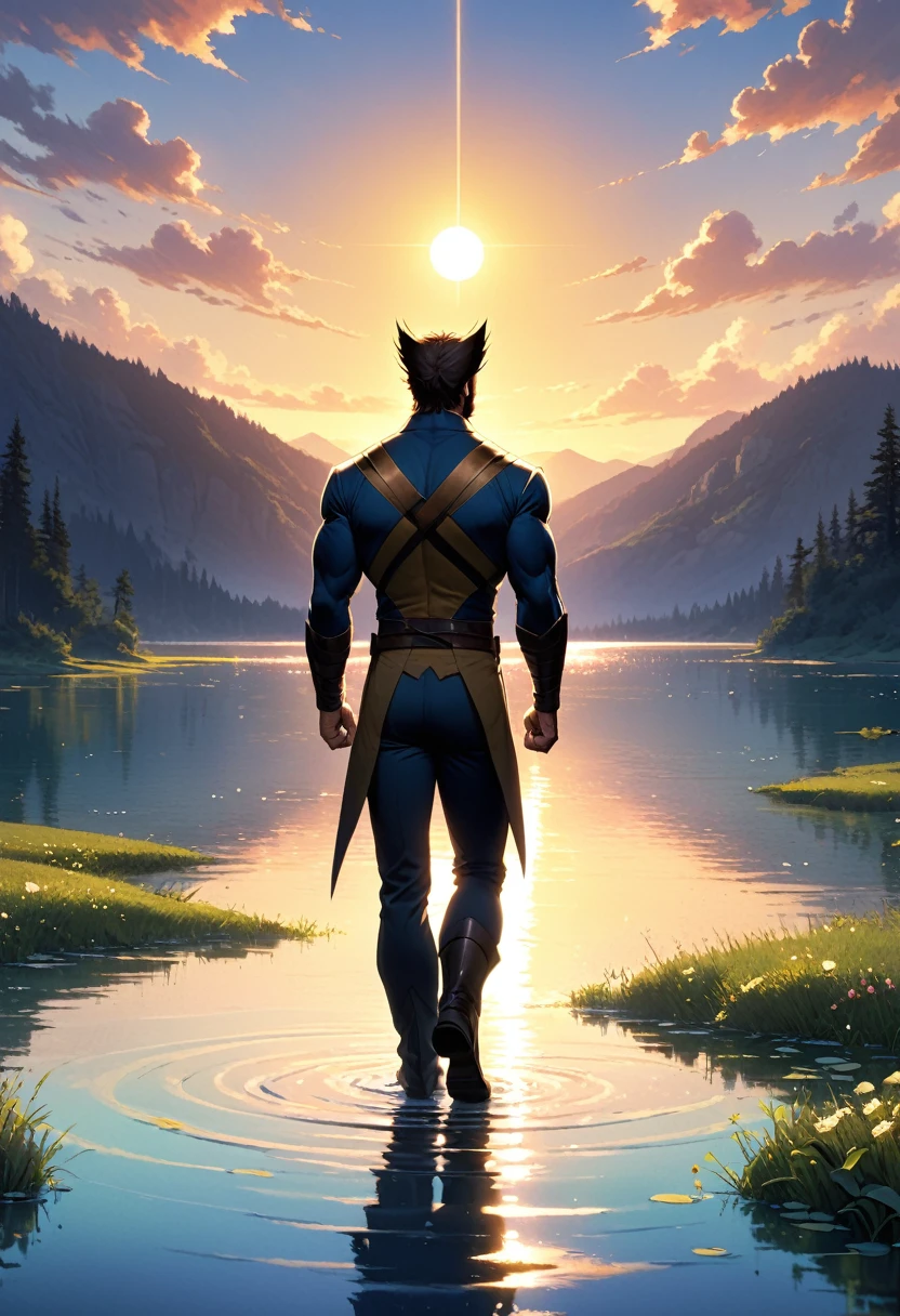 Create an enchanting scene of hugh jackman as wolverine standing at the edge of a tranquil lake, surrounded by breathtaking natural beauty, as the sun gracefully sets in the horizon.