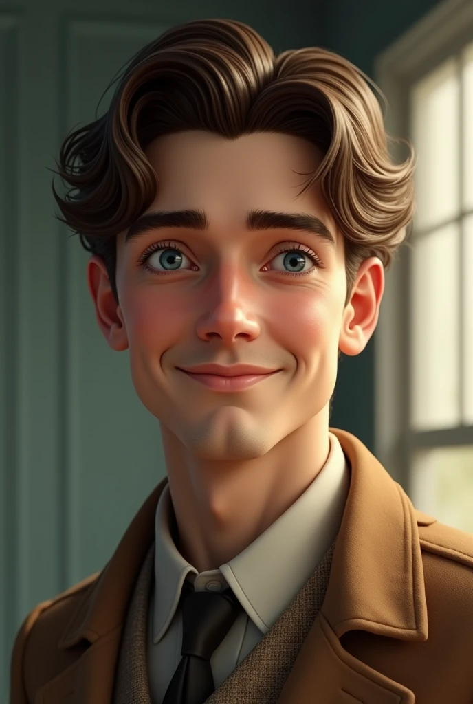 (photorealism:1.2), Male Scientist about 24 years old, Brown hair, blue eyes, hair falling to the sides, shaved, dressed like from the 40's, happy with life
