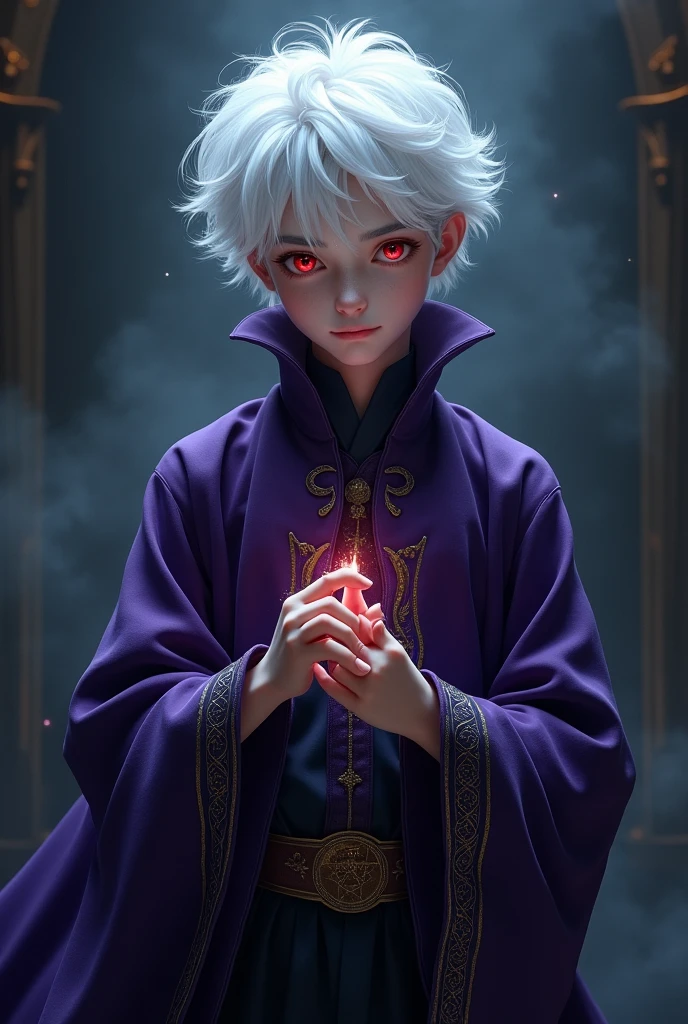 Create a 16 year old boy, that he is a beginner magician, albino, dark purple clothes