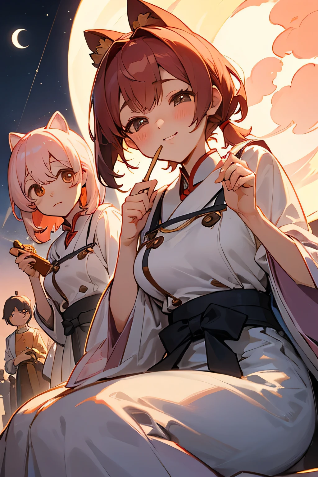 Highest quality、High resolution、Detailed Background、(Beautiful face in every detail:1.4)、Highly detailed face、Normal number of fingers、Teenage beauty、Huge breasts、Perfect body line、Light color hair、Twin tails、Bobcut、ponytail、Cute gestures、Fun atmosphere、A big smile、Tsukimi、

Enjoying Tsukimi、Tsukimi spending time with friends、

At dusk、A girl and her friends are gathered in a nearby park.、
Everyone brought homemade dumplings and sweets, looked up at the big, bright red moon, and chatted happily.、While eating dumplings「This year&#39;s Tsukimi is very beautiful!」「Moon、I wish you a happy new year.!」I&#39;m exchanging words with、
Some children were playing by making origami moon-shaped paper and folding it skillfully together with their friends.、「My Origami Moon、copper?」&quot;「This is how I folded it」The atmosphere is peaceful and friendly.、
When the children got tired of playing, they sat down on the blankets.、We started singing Tsukimi&#39;s song together.、
I can feel myself creating heartwarming memories under the gentle moonlight.