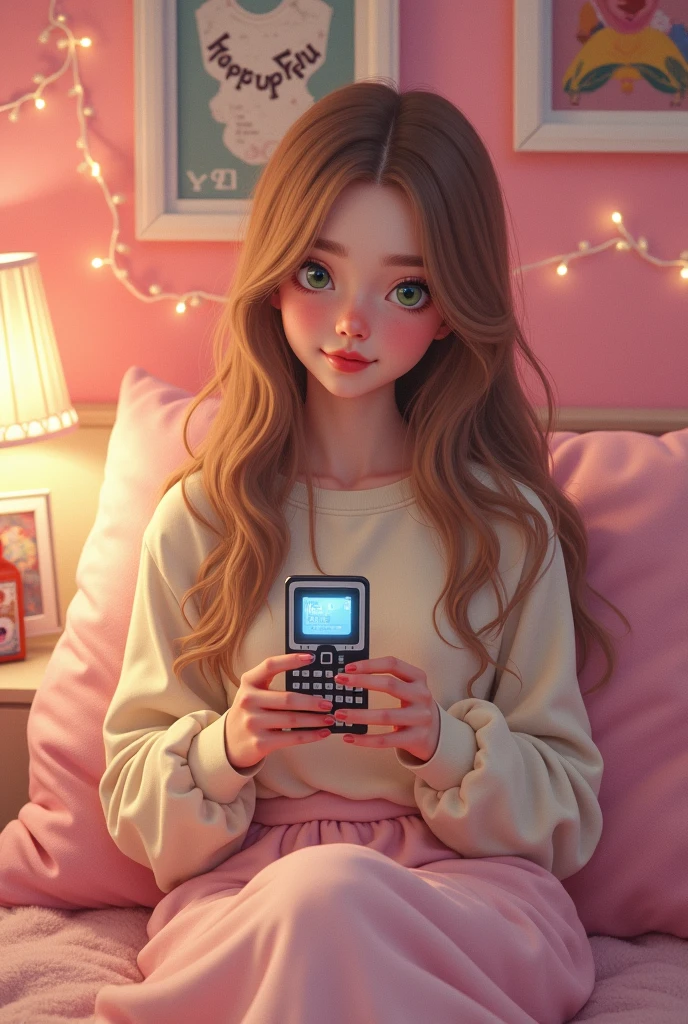 A girl sitting on her bed in a pink y2k bedroom. She has long light brown hair, green eyes, and is holding a flip phone. 