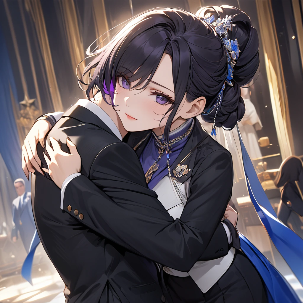((Highest quality)), ((masterpiece)), (detailed), （Perfect Face）、The woman is Shinobu Kocho, a Russian with black hair in a purple gradient bob style, tied up in a formal evening hairstyle.、The woman is a member of the United Russia party and is beautifully dressed in a suit and lavish accessories.、She is a United Russia member who is dedicated to the cause of a great United Russia, and she deeply respects and worships the leader of the Great Russian Party, a United Russia supremacist.、As the secretary and mistress of a great United Russia official, the woman wholeheartedly devotes herself to serving, embracing, supporting, and following the great and beloved official.