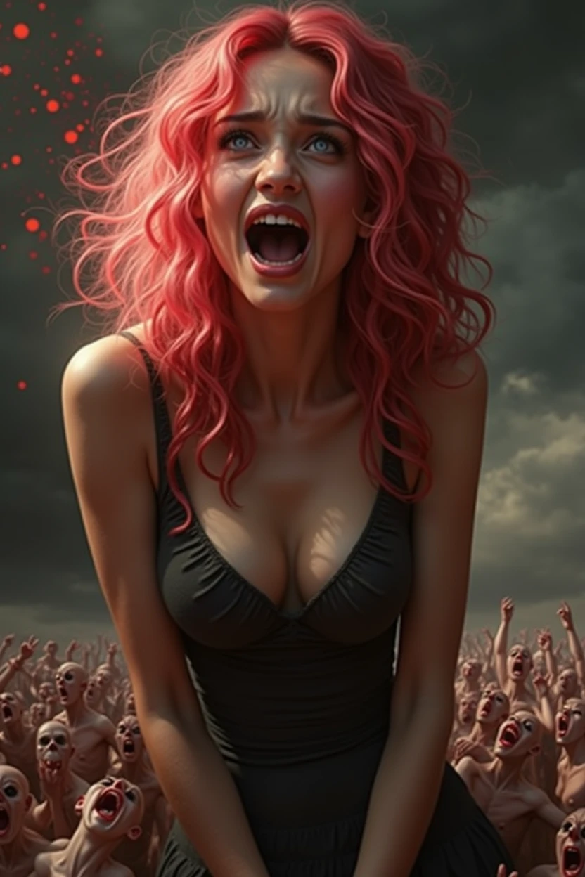 A dramatic red sky with sparkling crimson particles, the ground covered in tortured souls desperately reaching upwards, detailed intricate textures, vivid color palette, dramatic lighting, cinematic composition, masterful rendering, photorealistic, intricate details, dark fantasy, haunting atmosphere