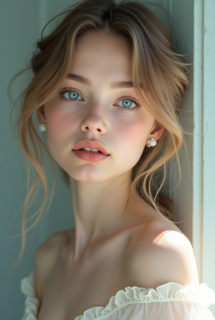 A girl with fair skin and very strong ocean blue eyes,pink and cute lips,lightBrown hair,perfectbody,wavy hair to straight