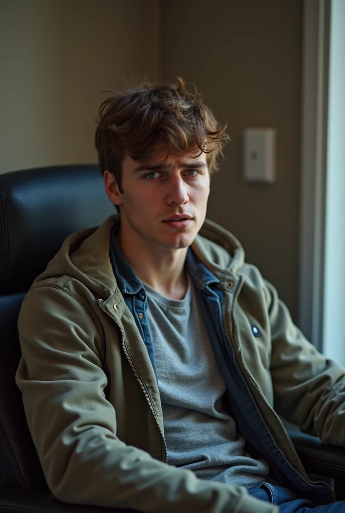 A 20 year old man, with short brown hair, sitting in a chair, Talking worriedly and with a blurred background
